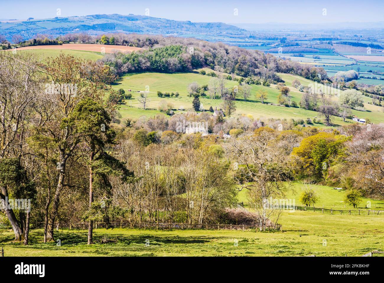 Spring view over rolling countryside in the Worcestershire Cotswolds. Stock Photo