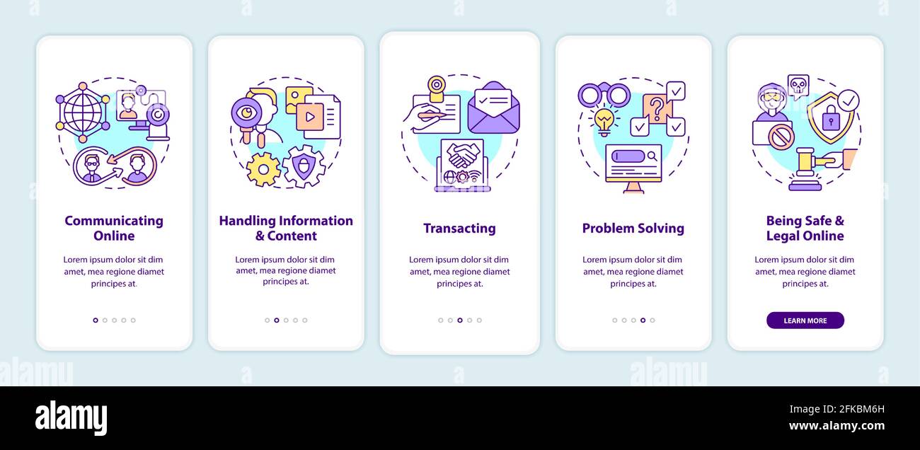 Essential digital skills onboarding mobile app page screen with concepts Stock Vector