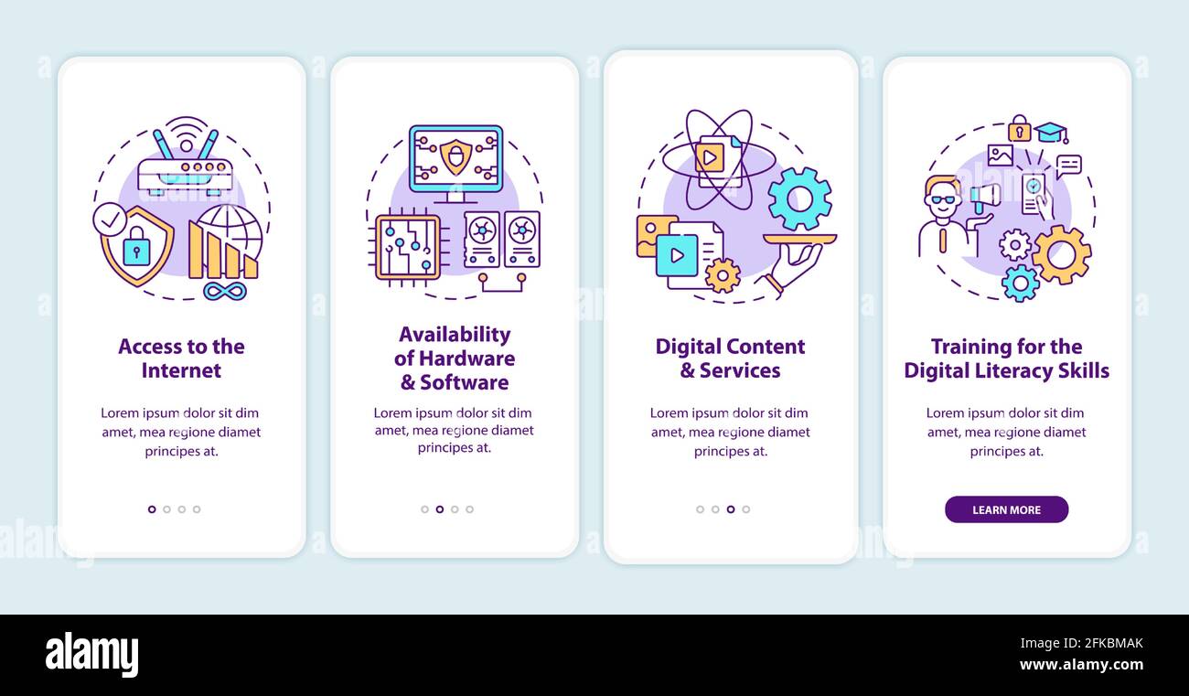 Digital inclusion components onboarding mobile app page screen with concepts Stock Vector
