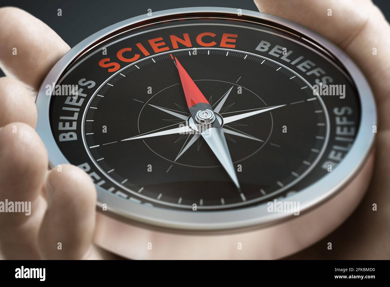 Hand holding a compass with needle pointing the word scientific instead of beliefs. Composite image between a hand photography and a 3D background. Stock Photo