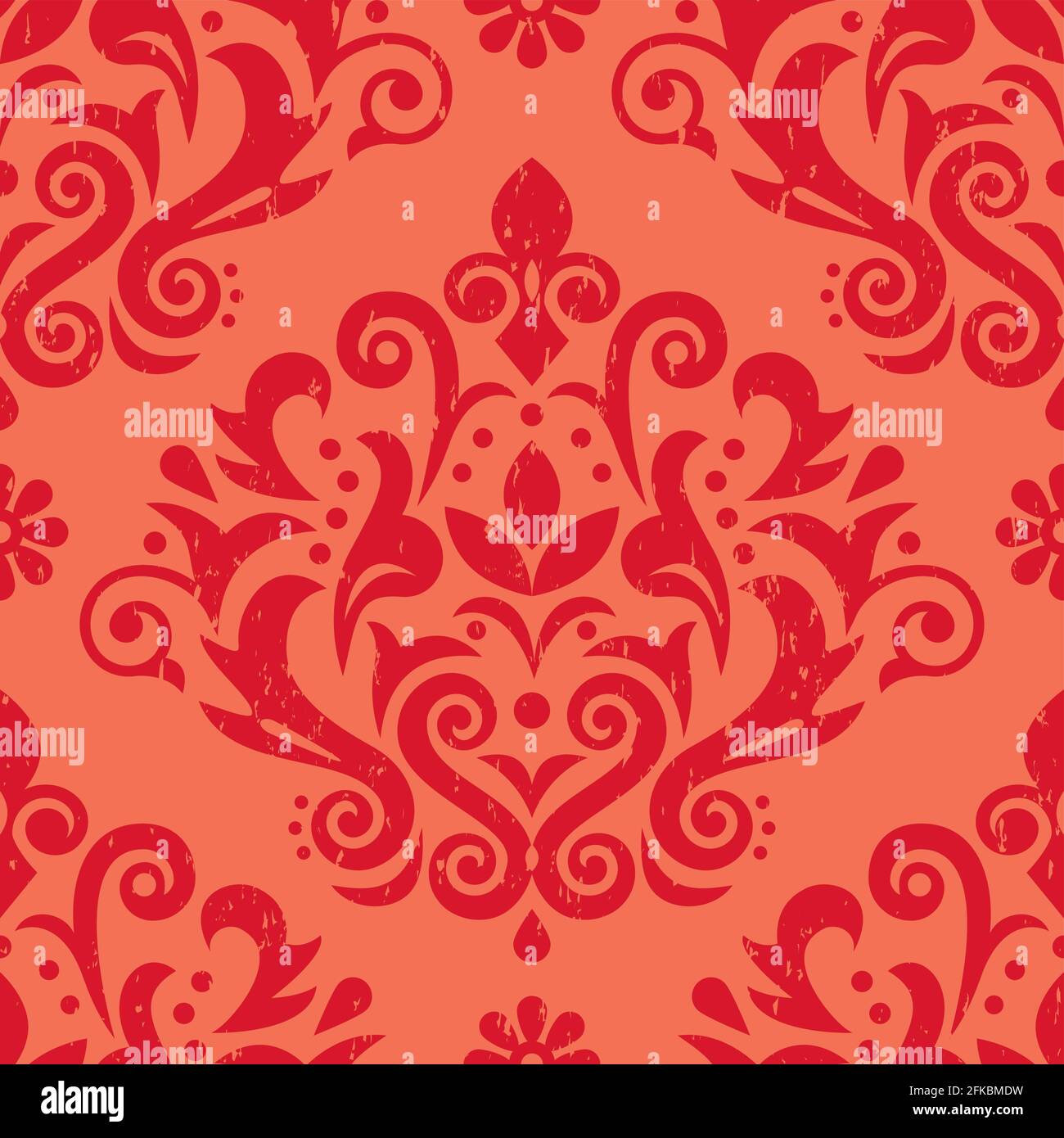 Damask retro scratched vector seamless pattern, victorian red textile or fabric print design with flowers, swirls and leaves Stock Vector