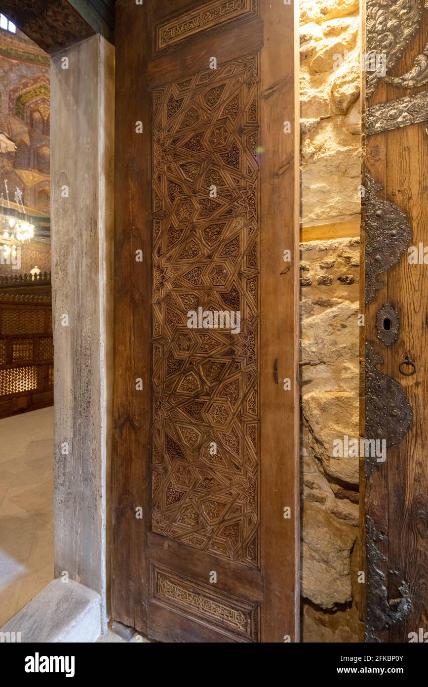 Ayyubid carved wooden door, Tomb of Imam al-Shafi'i, Cairo, Egypt Stock Photo