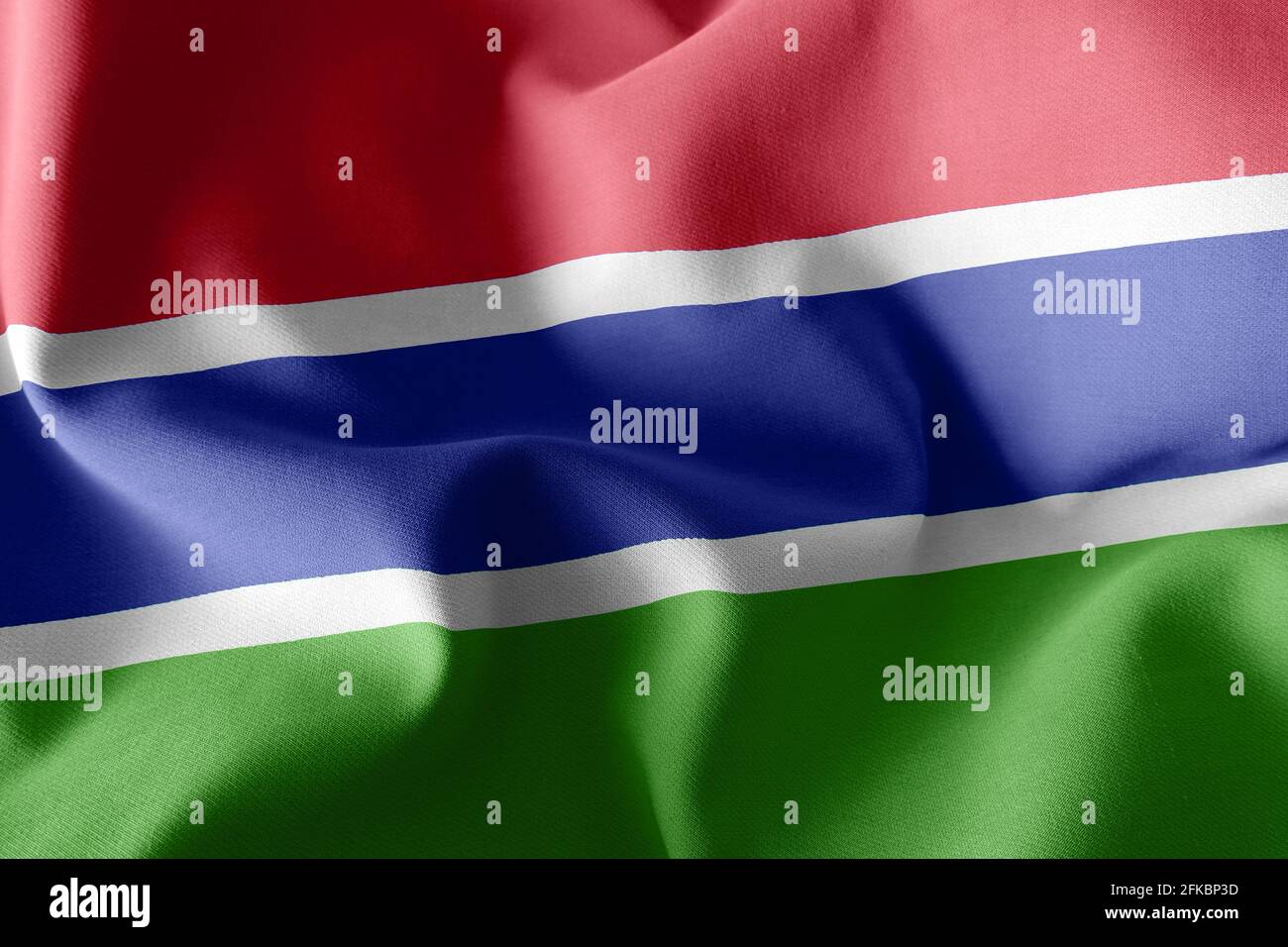 3D illustration closeup flag of Gambia. Waving on the wind flag textile ...