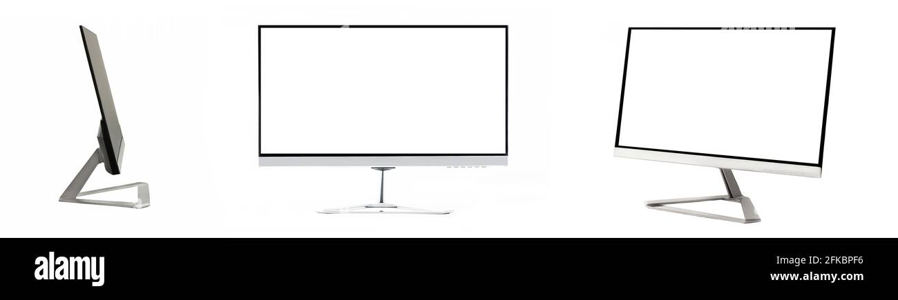 Modern flat computer blank monitors.  Set of empty LED screens isolated on white background.  Studio shot Stock Photo