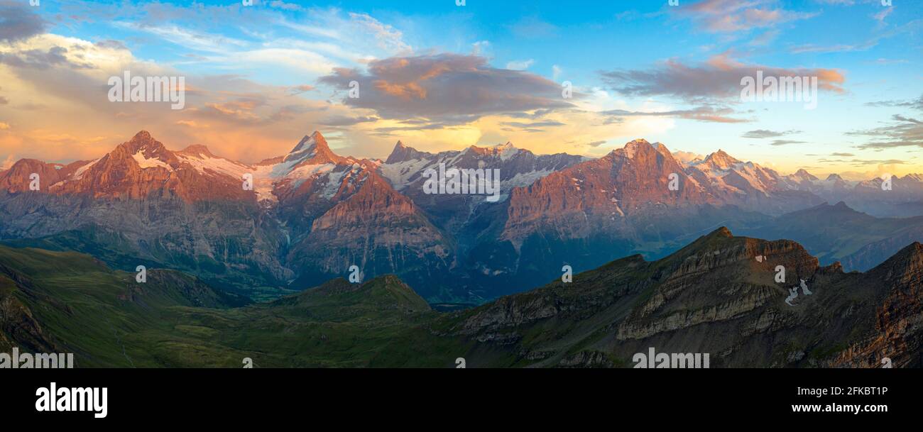 Aerial view of Wetterhorn, Schreckhorn, Finsteraarhorn, Eiger, Monch, Jungfrau mountains at sunset, Bernese Oberland, Switzerland, Europe Stock Photo