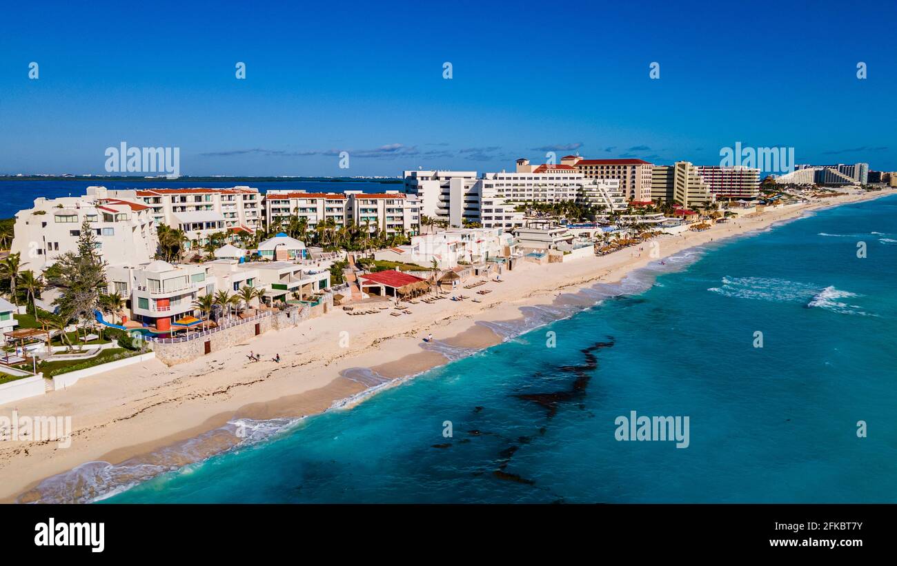 Aerial of the hotel zone with the turquoise waters of Cancun, Quintana Roo, Mexico, North America Stock Photo