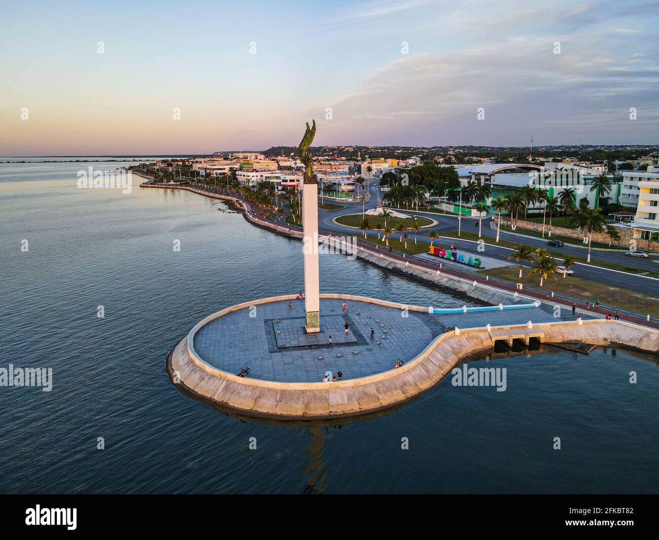 Aerial of the Angel Maya statue, Malecon, the historic fortified town of Campeche, UNESCO World Heritage Site, Campeche, Mexico, North America Stock Photo