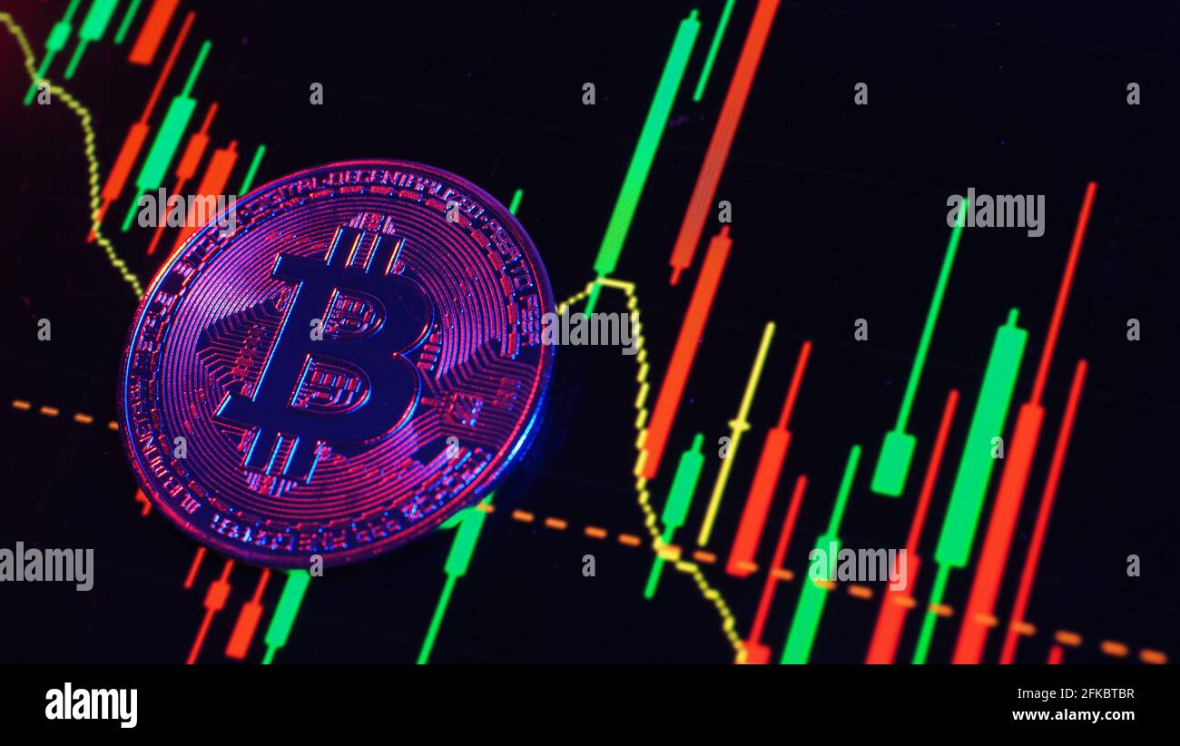 Close up bitcoin and digital stock market graph bar on black ...