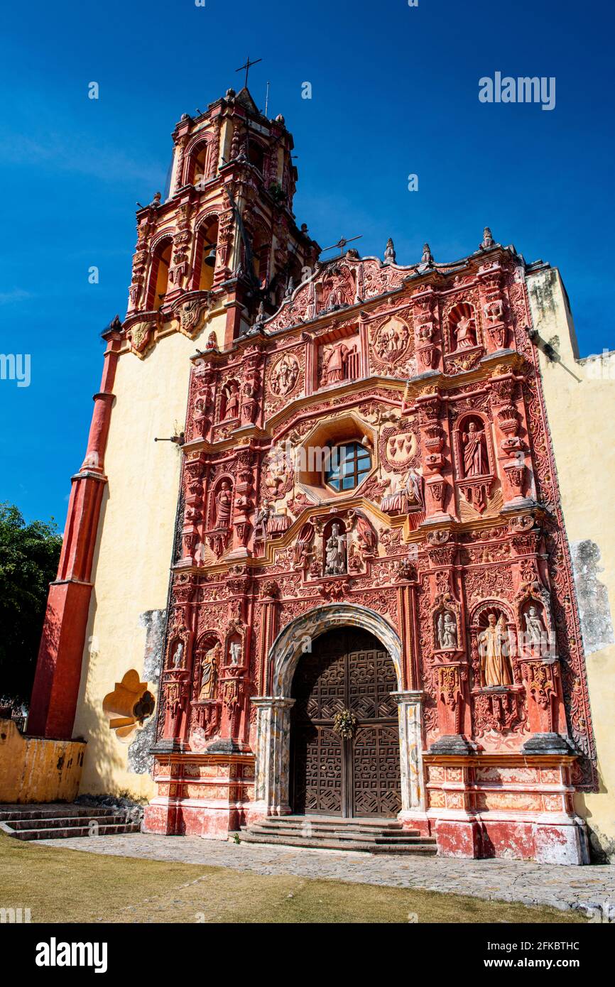 Beautiful facade of the Landa Mission, UNESCO, Franciscan Missions in the Sierra Gorda of Queretaro, Landa de Matamoros, Queretaro, Mexico Stock Photo