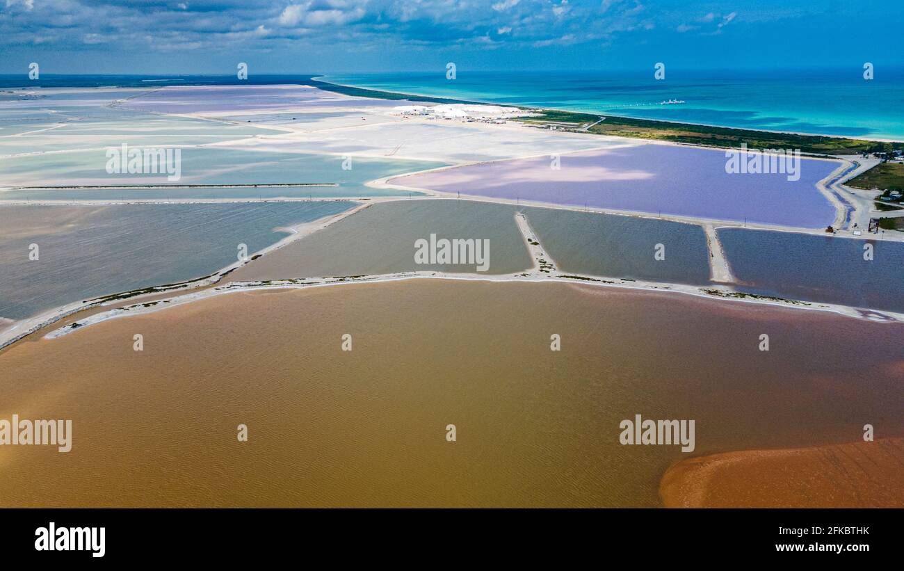 Aerial of the colourful salinas of Las Coloradas, Yucatan, Mexico, North America Stock Photo