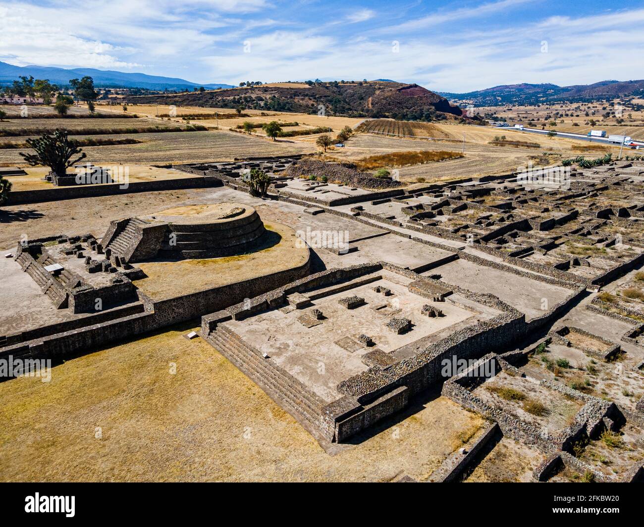 Aerial of the Mesoamerican archaeological site of Tecoaque, Tlaxcala, Mexico, North America Stock Photo