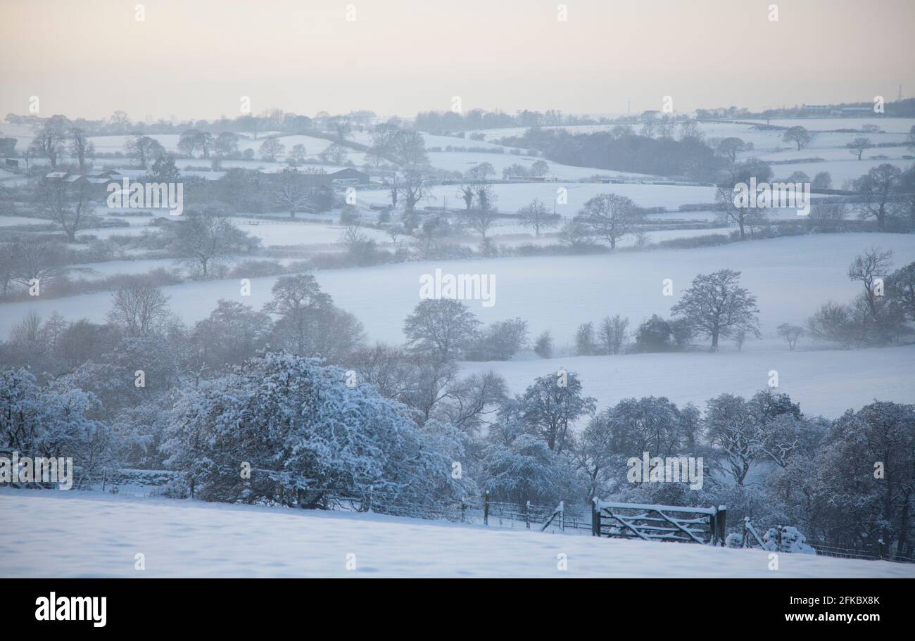 Snow covered landscape, near Almscliff Crag, Wharfe Valley, North Yorkshire, England, United Kingdom, Europe Stock Photo