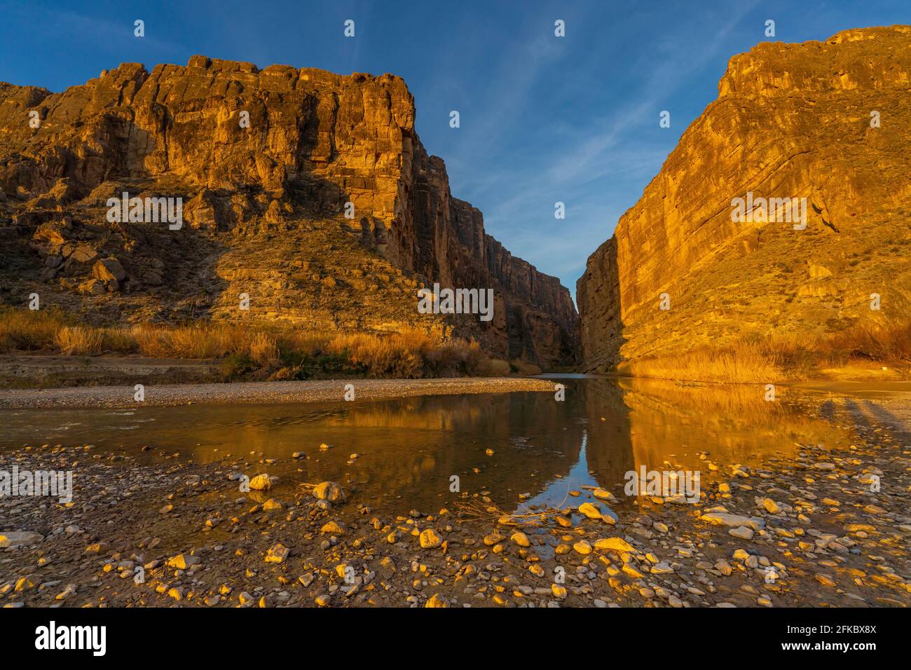 Santa Elena Canyon with golden reflection, Big Bend National Park, Texas, United States of America, North America Stock Photo