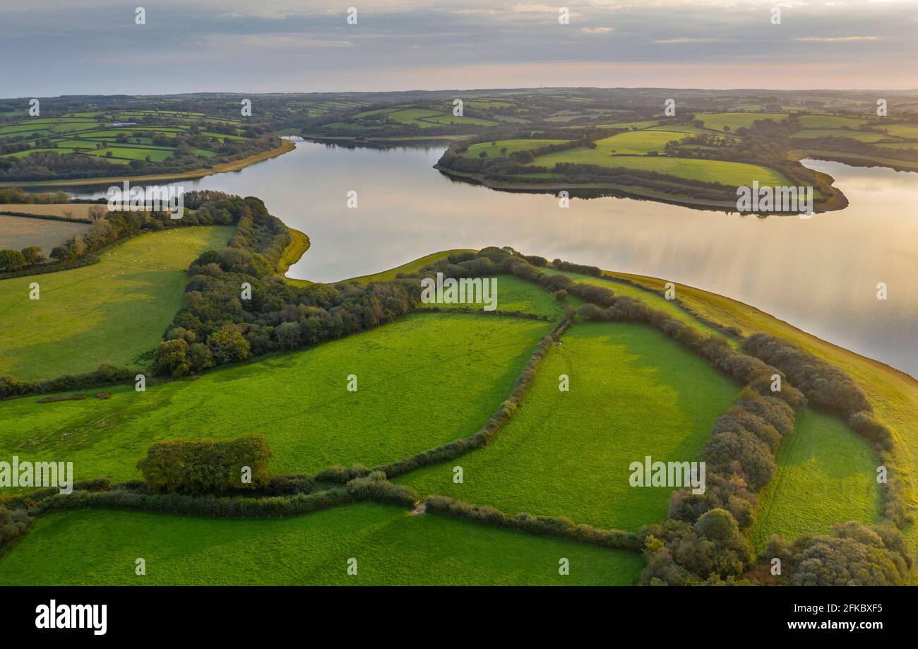 Aerial view of Roadford Lake Reservoir in autumn, West Devon, England, United Kingdom, Europe Stock Photo