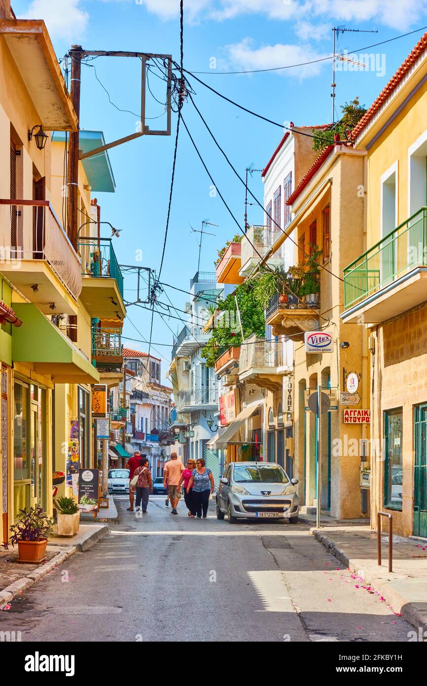 Aegina, Greece - September 13, 2019: Typical street in Aegina town with ...