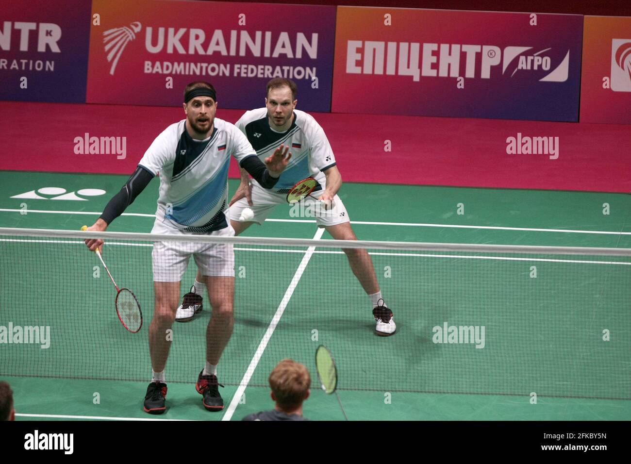 KYIV, UKRAINE - APRIL 30, 2021 - Vladimir Ivanov and Ivan Sozonov of Russia  are seen in action with Matthew Clare and Max Flynn of England during their  men's doubles quarter-final match