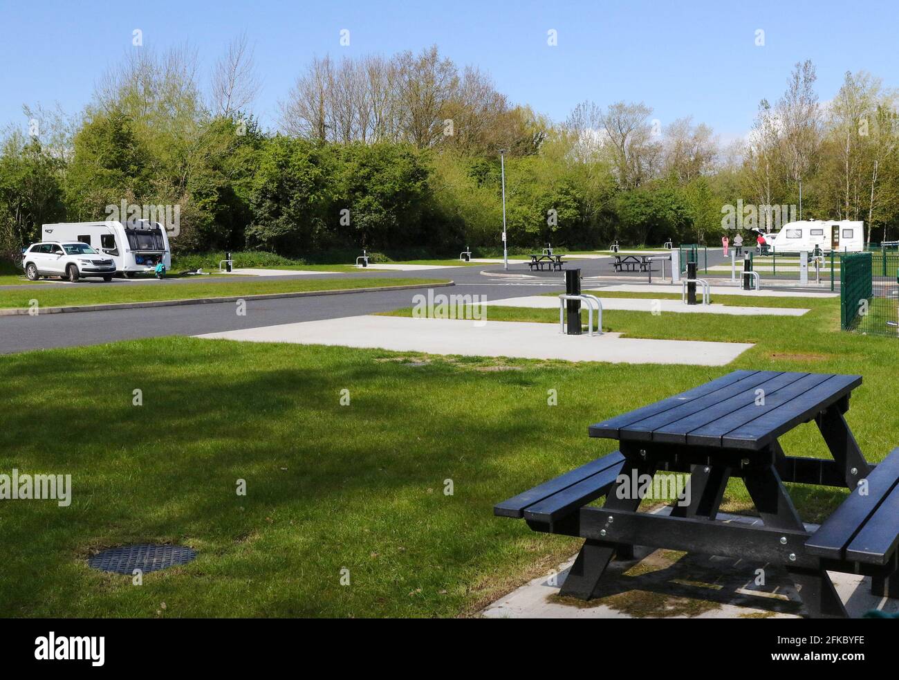 Oxford Island Caravan Site, Lough Neagh, County Armagh, Northern Ireland. 30 Apr 2021. Today saw a further easing of Covid-19 restrictions across Northern Ireland. These included the use of caravans from today. The first caravans in months at the caravan site at the Oxford Island Nature Reserve on the shores of Lough Neagh. Credit: CAZIMB/Alamy Live News. Stock Photo