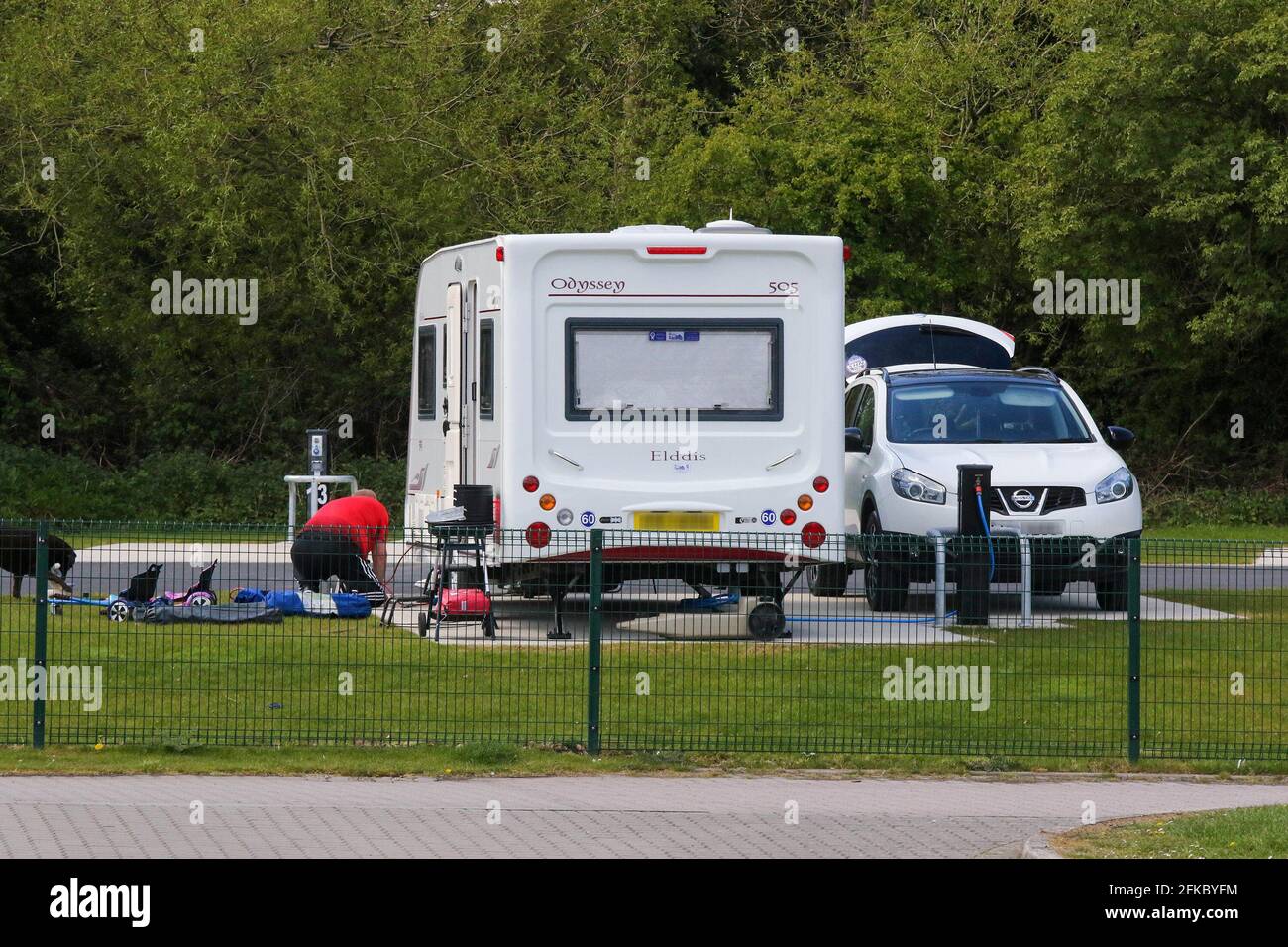 Oxford Island Caravan Site, Lough Neagh, County Armagh, Northern Ireland. 30 Apr 2021. Today saw a further easing of Covid-19 restrictions across Northern Ireland. These included the use of caravans from today. The first caravans in months at the caravan site at the Oxford Island Nature Reserve on the shores of Lough Neagh. Credit: CAZIMB/Alamy Live News. Stock Photo