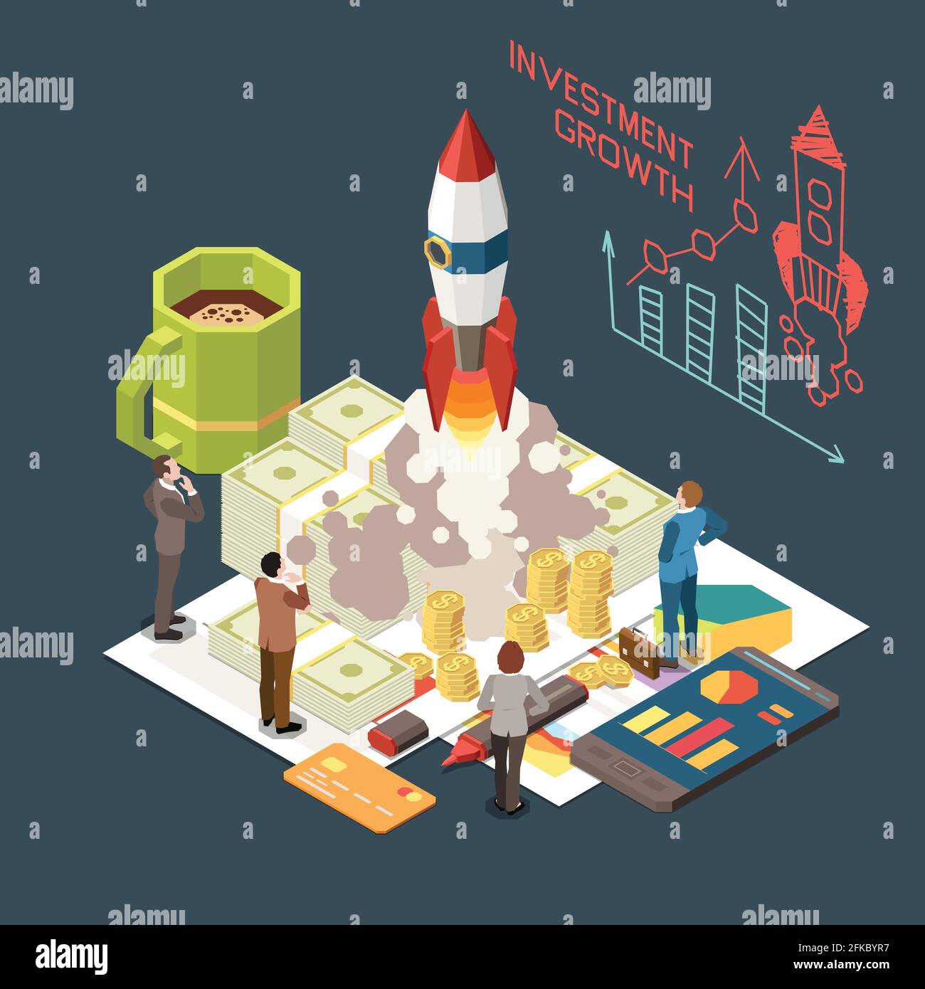 Investment growth isometric concept with rocket smartphone credit card and people 3d vector illustration Stock Vector