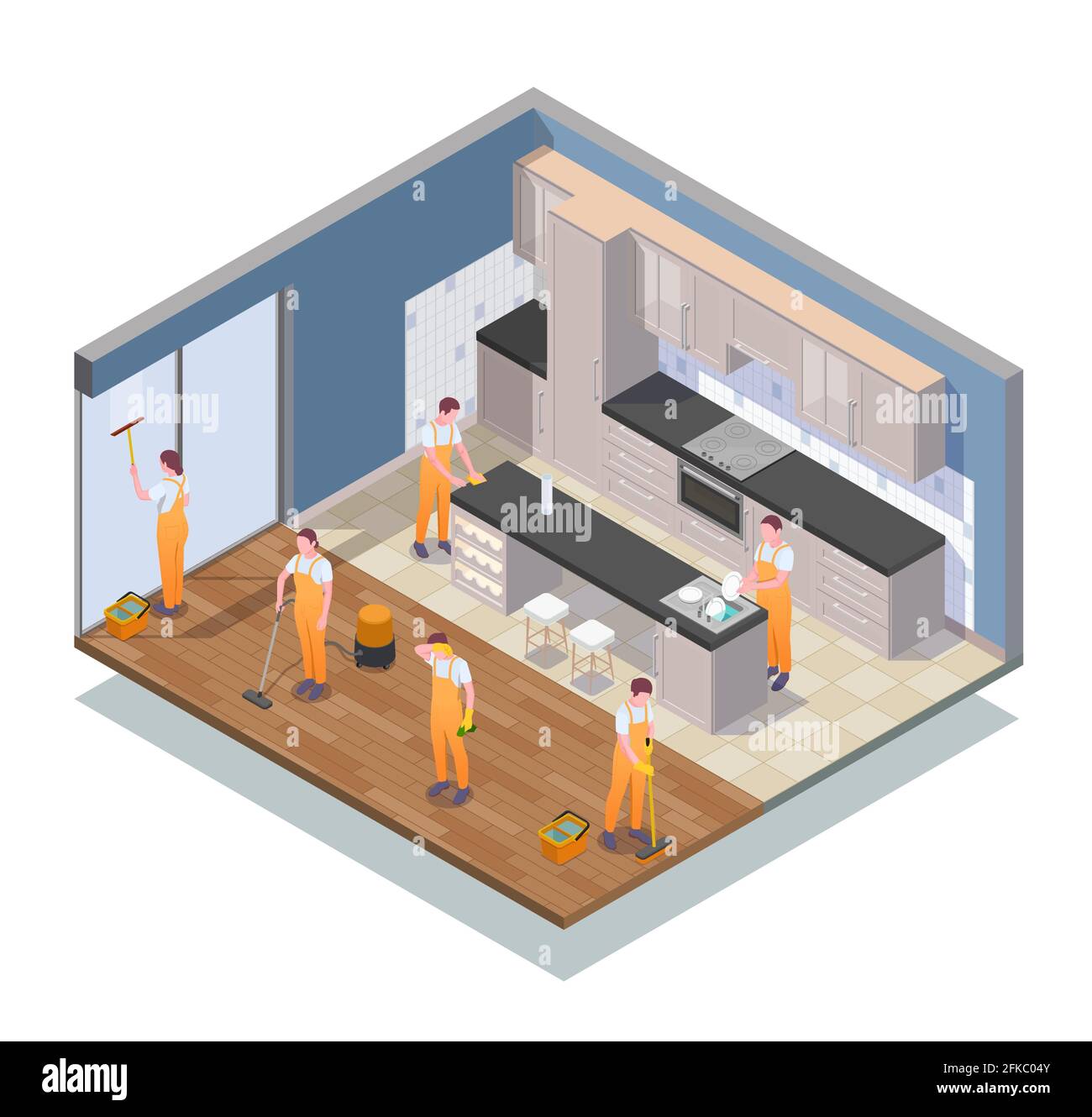 Isometric colored cleaning composition with cleaners work in apartment