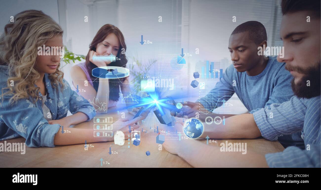 Composition of screen with data processing over business people using smartphones Stock Photo