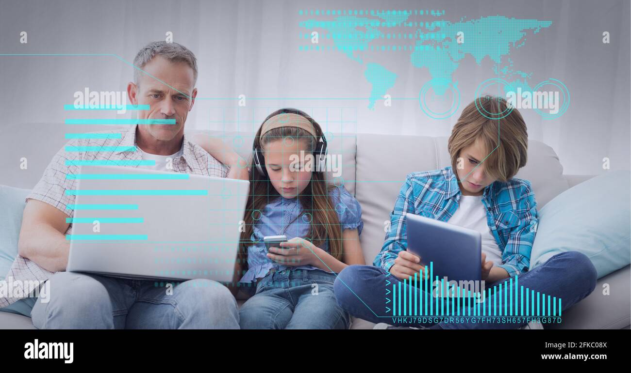 Composition of world map and charts over caucasian father son daughter using electronic devices Stock Photo