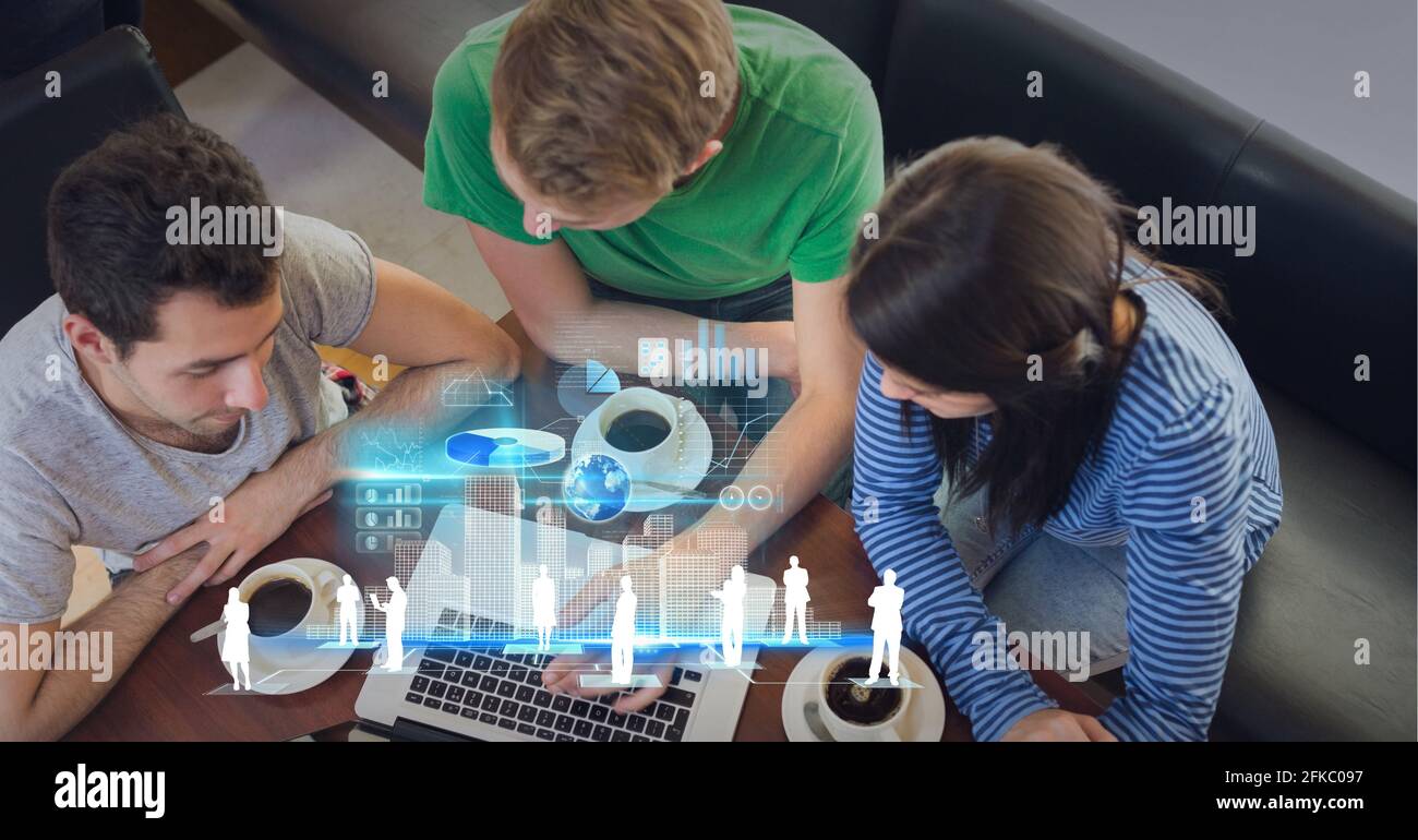 Composition of screen with data processing over business people using laptop Stock Photo