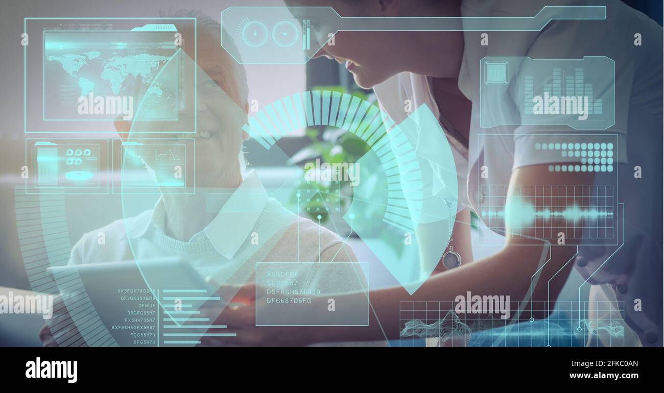 Composition of screen with data processing over business people using tablet Stock Photo