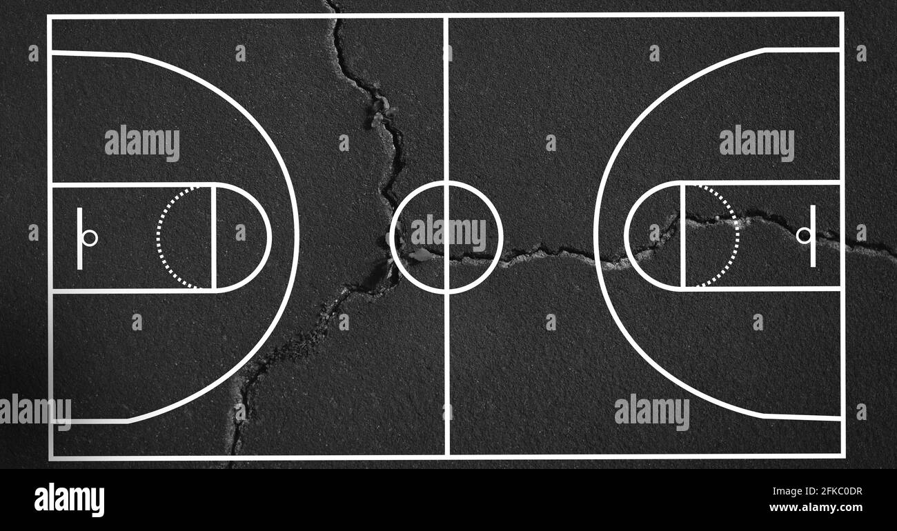 Composition of basketball court over grey cracked distressed surface Stock Photo