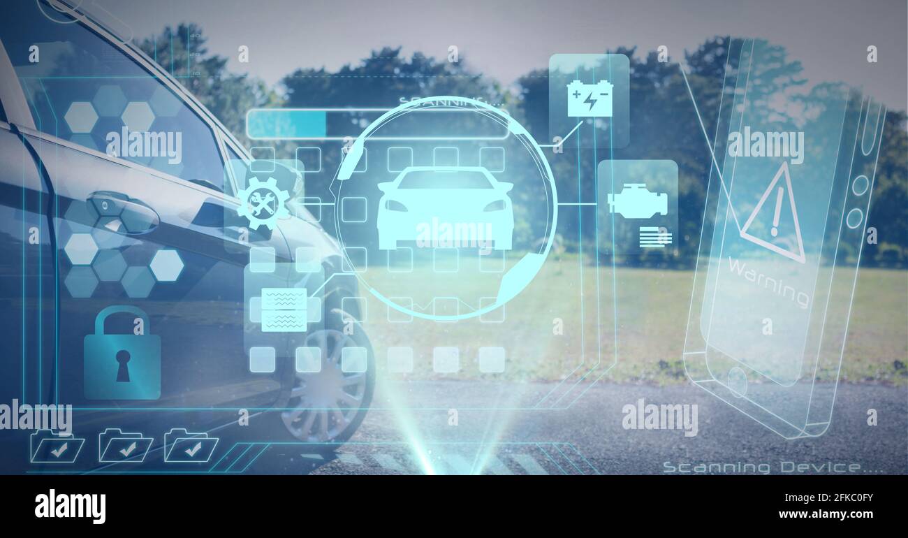 Composition of car drawing with computer digital icons with countryside ...