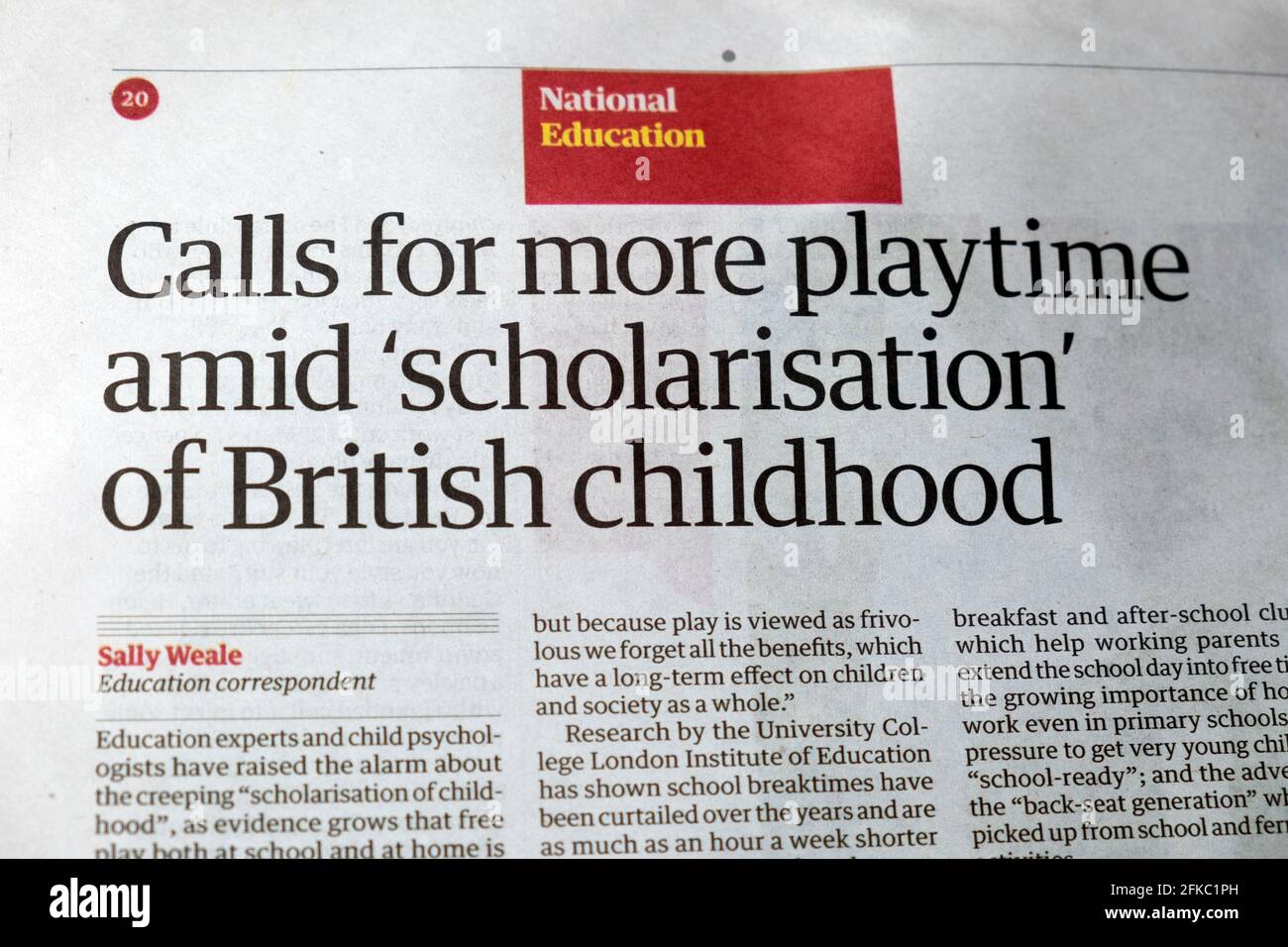 'Calls for more playtime amid 'scholarisation' of British childhood' Guardian newspaper children education article inside page London UK 24 April 2021 Stock Photo