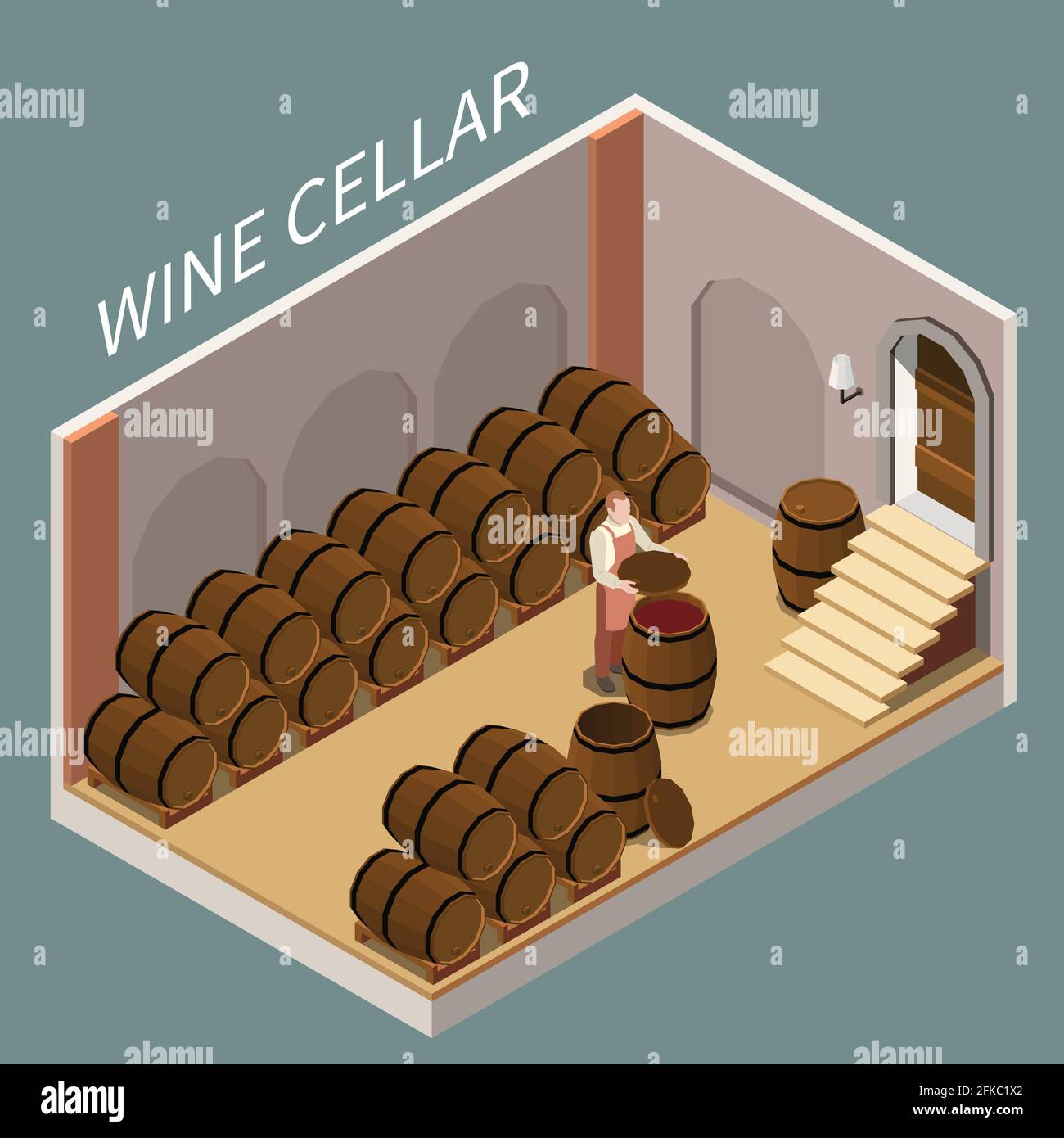 Isometric wine cellar with lots of barrels and vigneron 3d vector ...