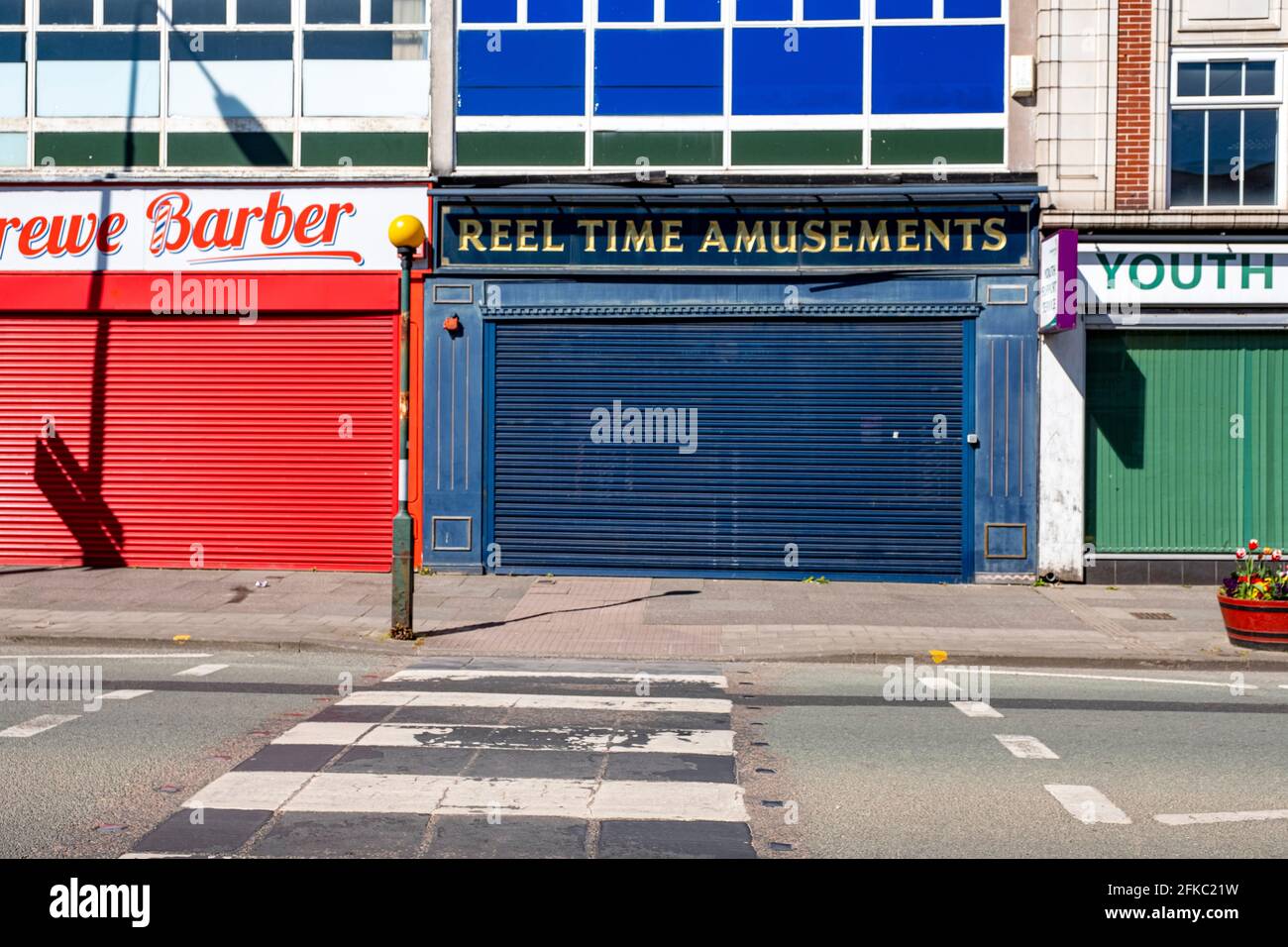 Closed and shuttered shops in town centre of Crewe Cheshire UK Stock Photo