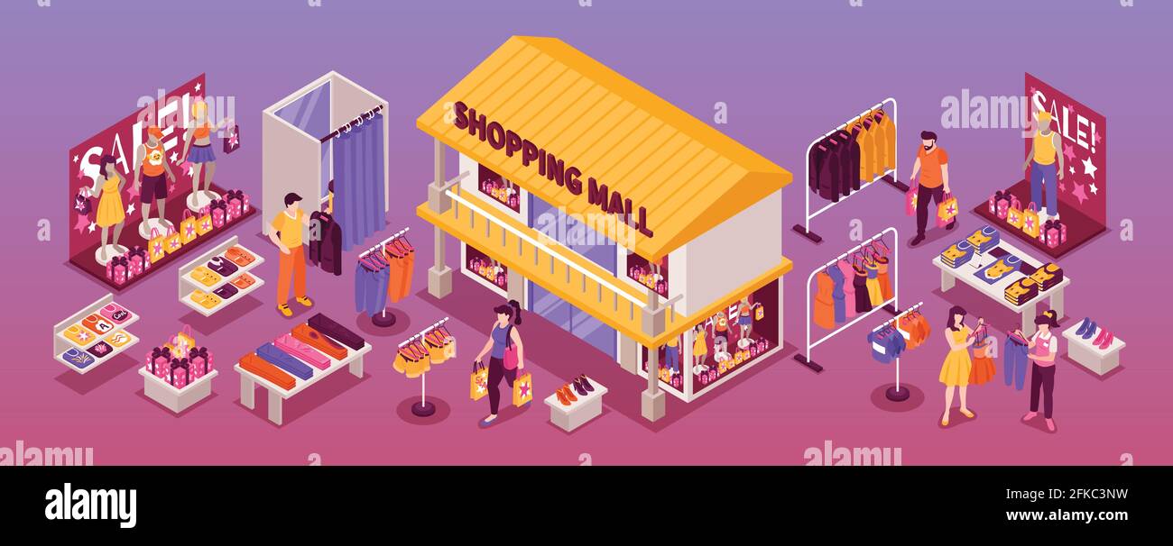 Clothing department store isometric horizontal composition with