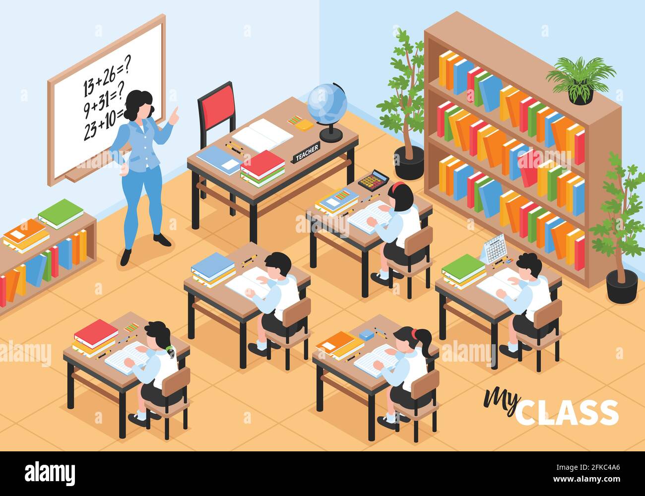 Junior primary school class isometric composition with teacher at white board explaining basic