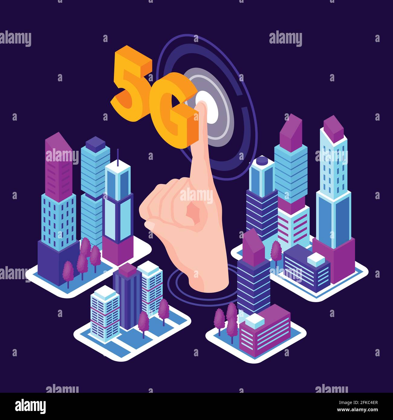 Isometric technologies future 5g internet composition with image of human finger pushing button with tall buildings skyscrapers vector illustration Stock Vector
