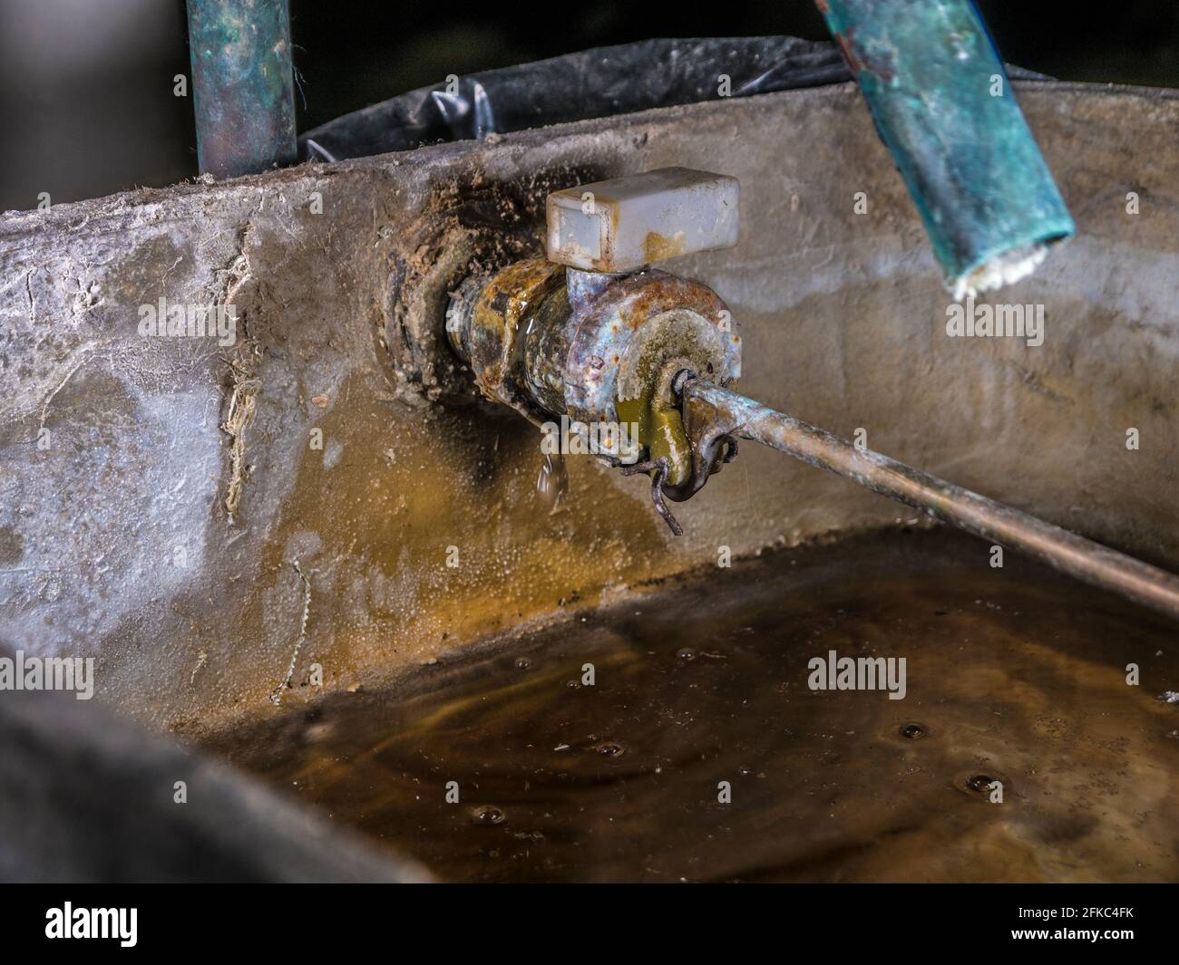 An old and leaking ballcock valve, dripping water into the storage tank / cistern for a cold water supply, in the loft of a domestic property. Stock Photo