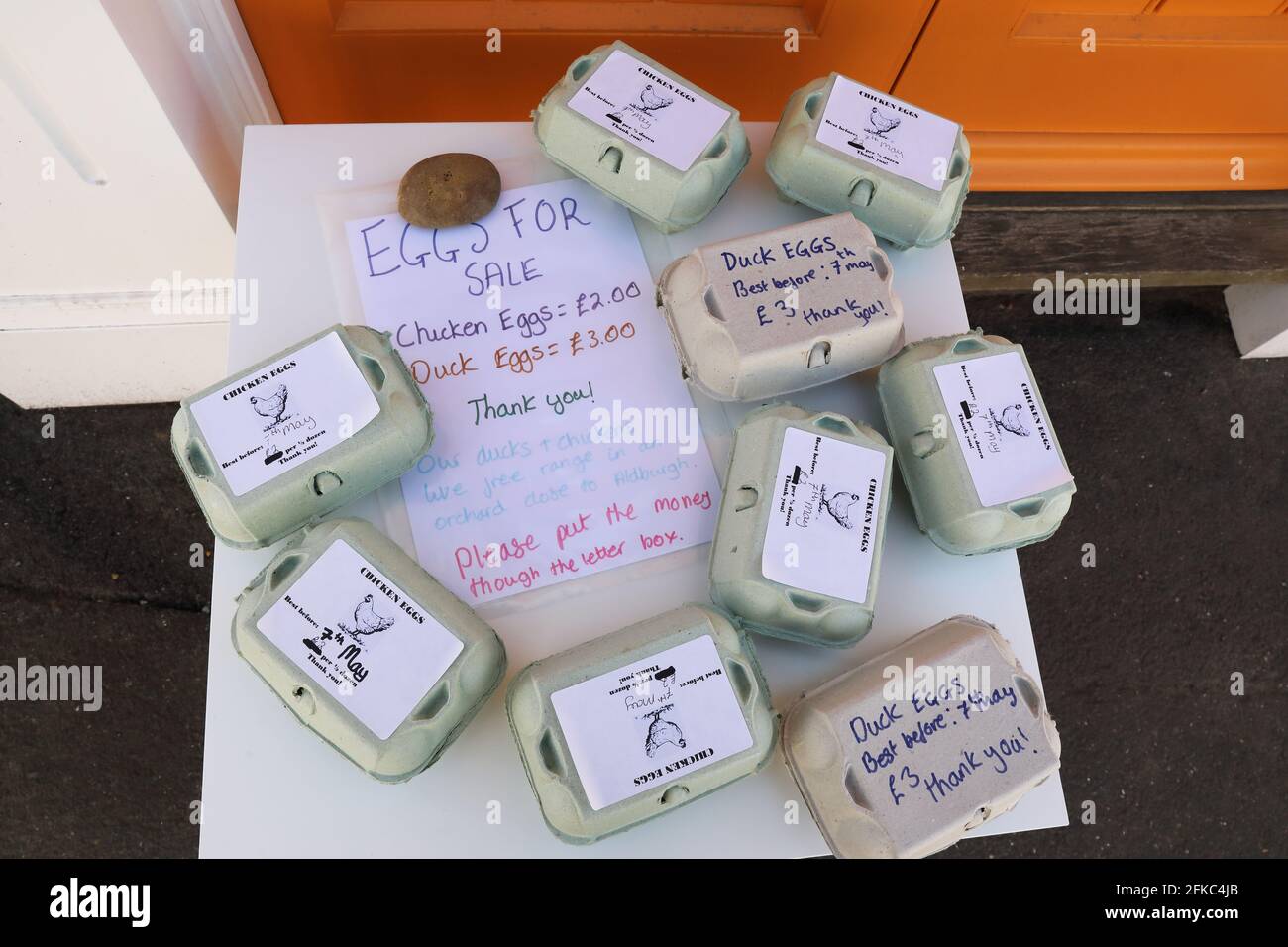 Free range chicken & duck eggs for sale in Suffolk, with an honesty box, in the UK Stock Photo