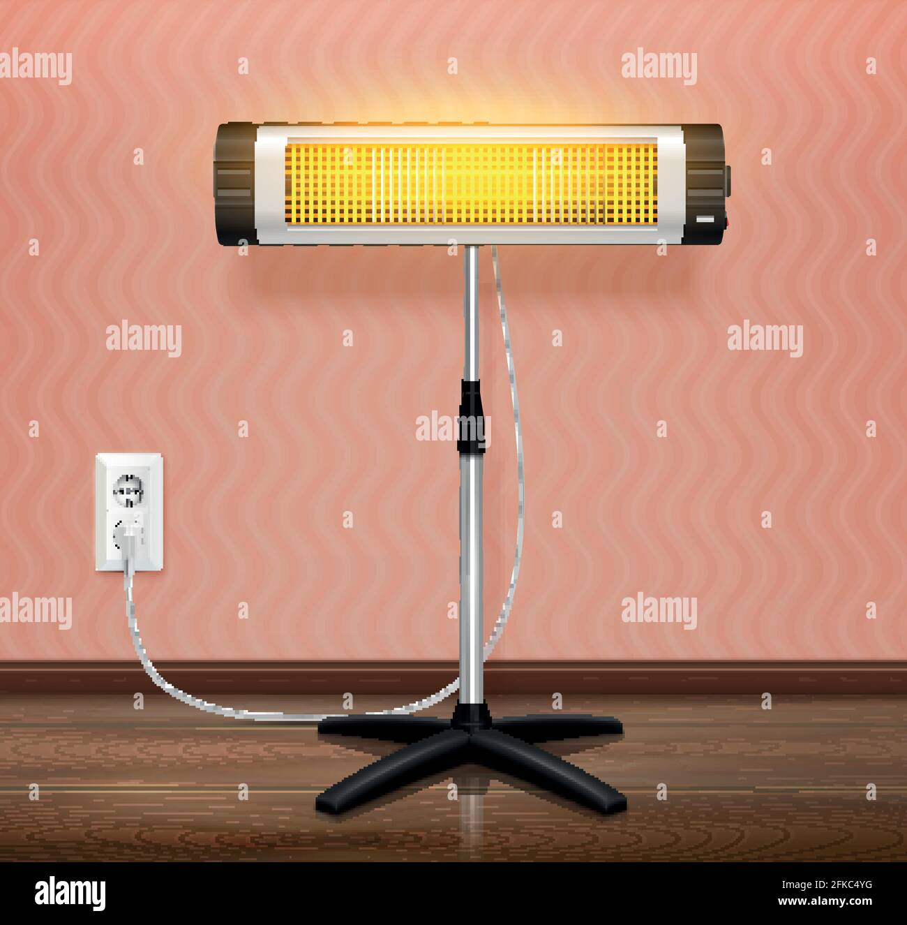 Infrared heater waves realistic composition with indoor view and heater