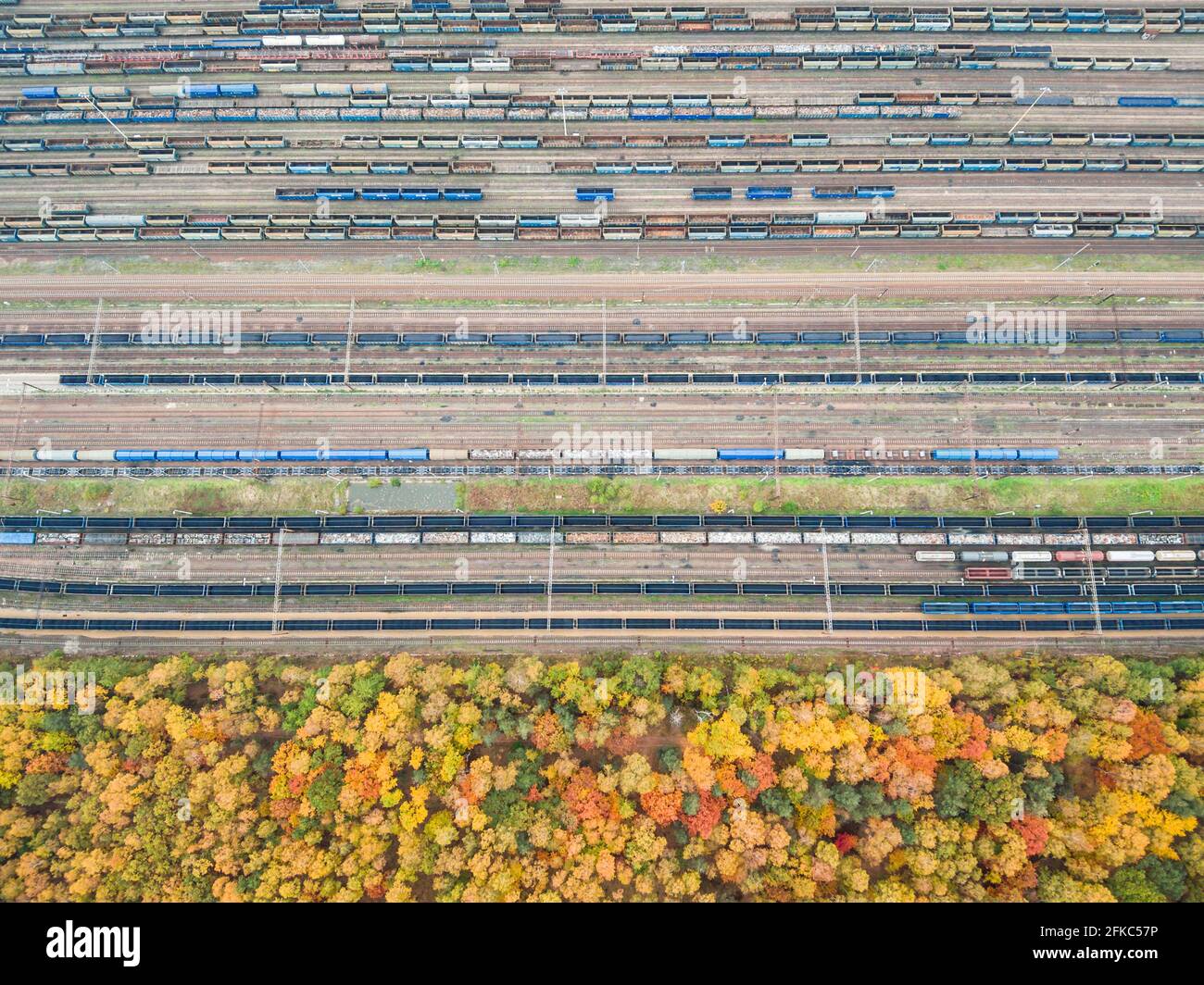 Autumn forest and railway depot directly above perspective aerial view Stock Photo