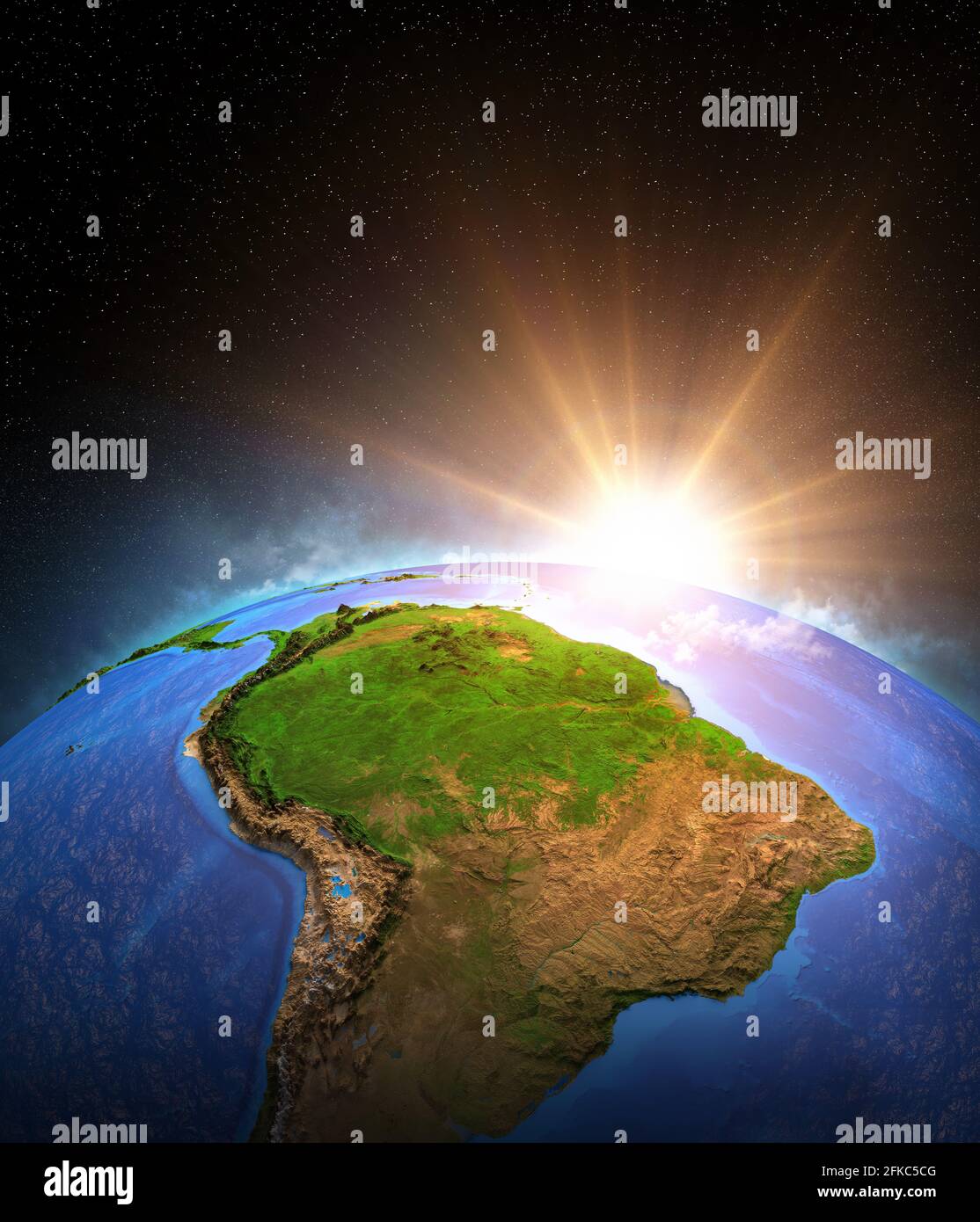 Warm sun shining over Planet Earth, focused on South America. Global warming on Amazon rainforest and Brazil. Elements furnished by NASA Stock Photo