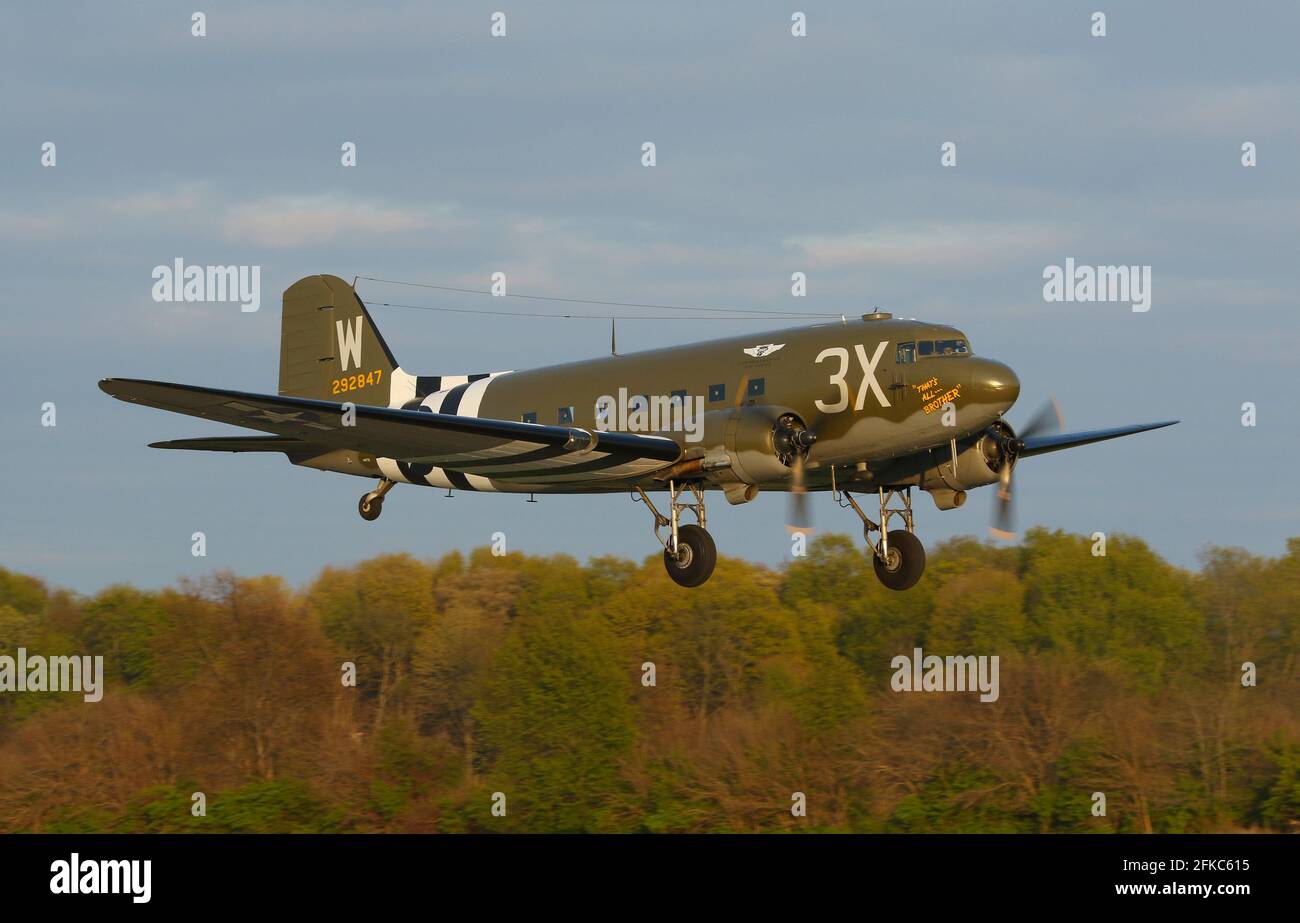 World War 2 C-47 airplane named That's All, Brother. This restored historic aircraft led over 800 C-47’s over the drop zones of Normandy, France on D- Stock Photo