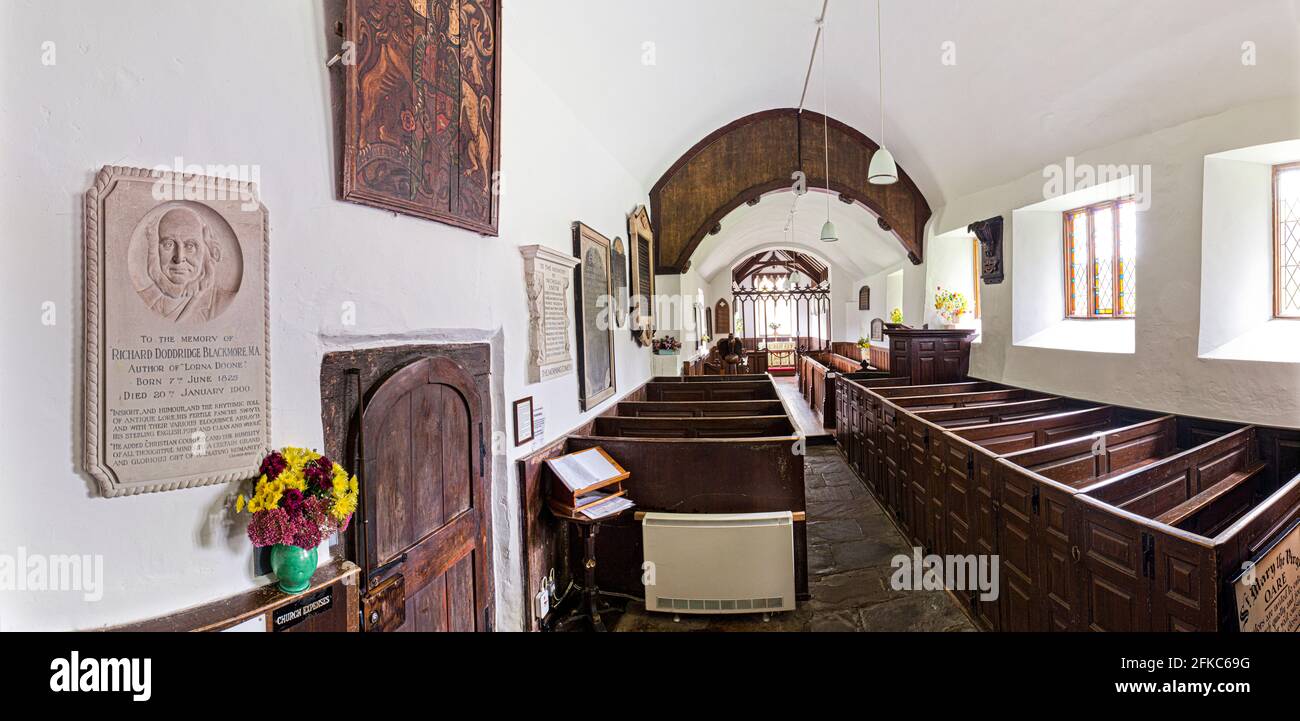 A panoramic view of the interior of the Exmoor church at Oare, Somerset, UK - made famous by its inclusion in R D Blackmore's 'Lorna Doone'. Stock Photo