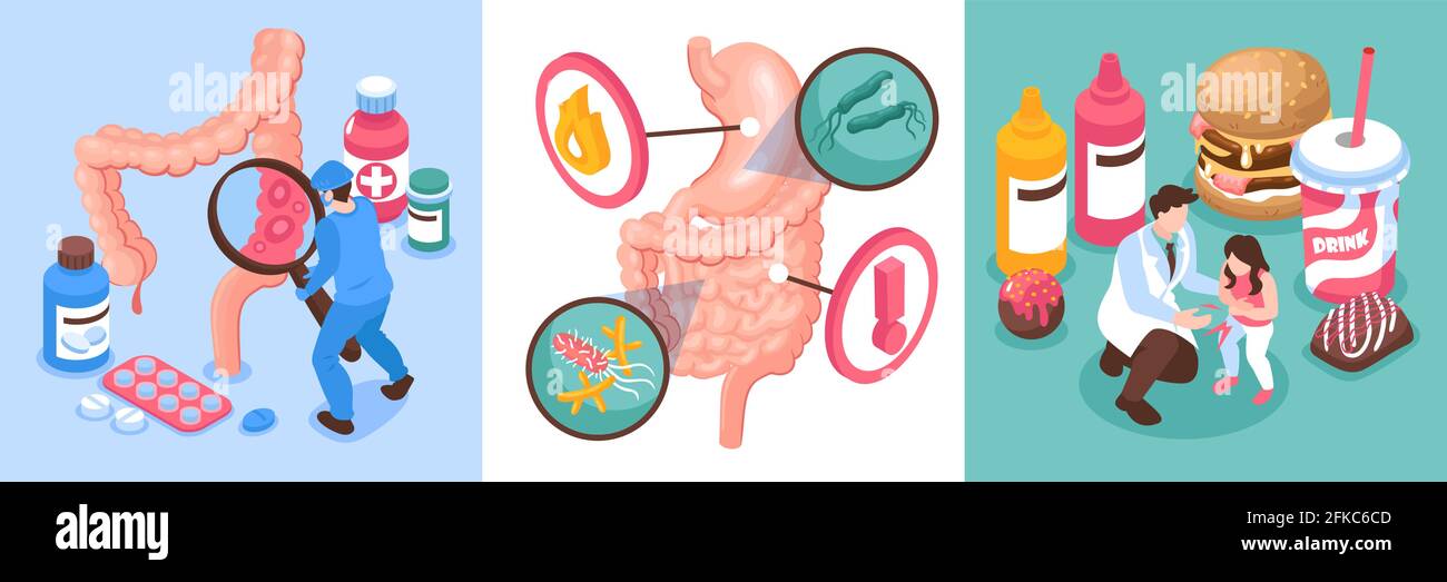 Isometric gastroenterology design concept set with fast food nutritional consequences helicobacter and treatment vector illustration Stock Vector