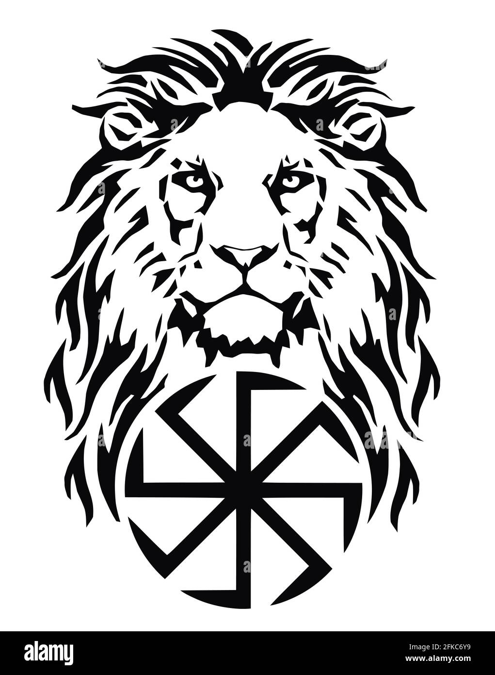 The Lion's head and celtic cross, drawing for tattoo, on a white background, illustration, black and white Stock Photo