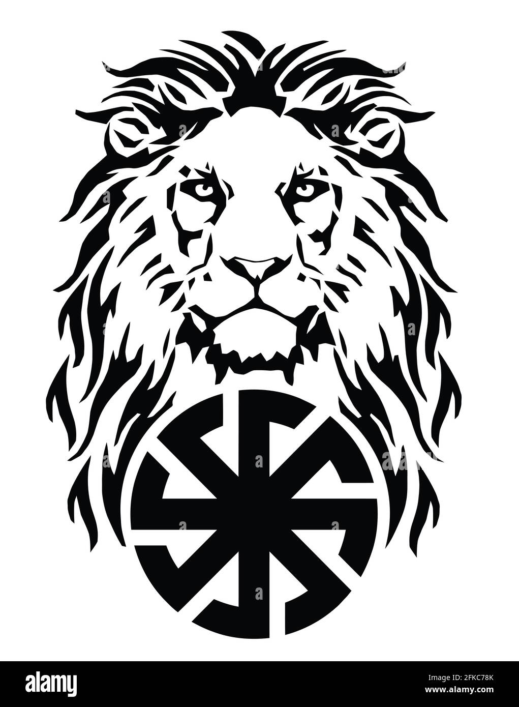The Lion's head and celtic cross, drawing for tattoo, on a white background, illustration, black and white, vector Stock Vector