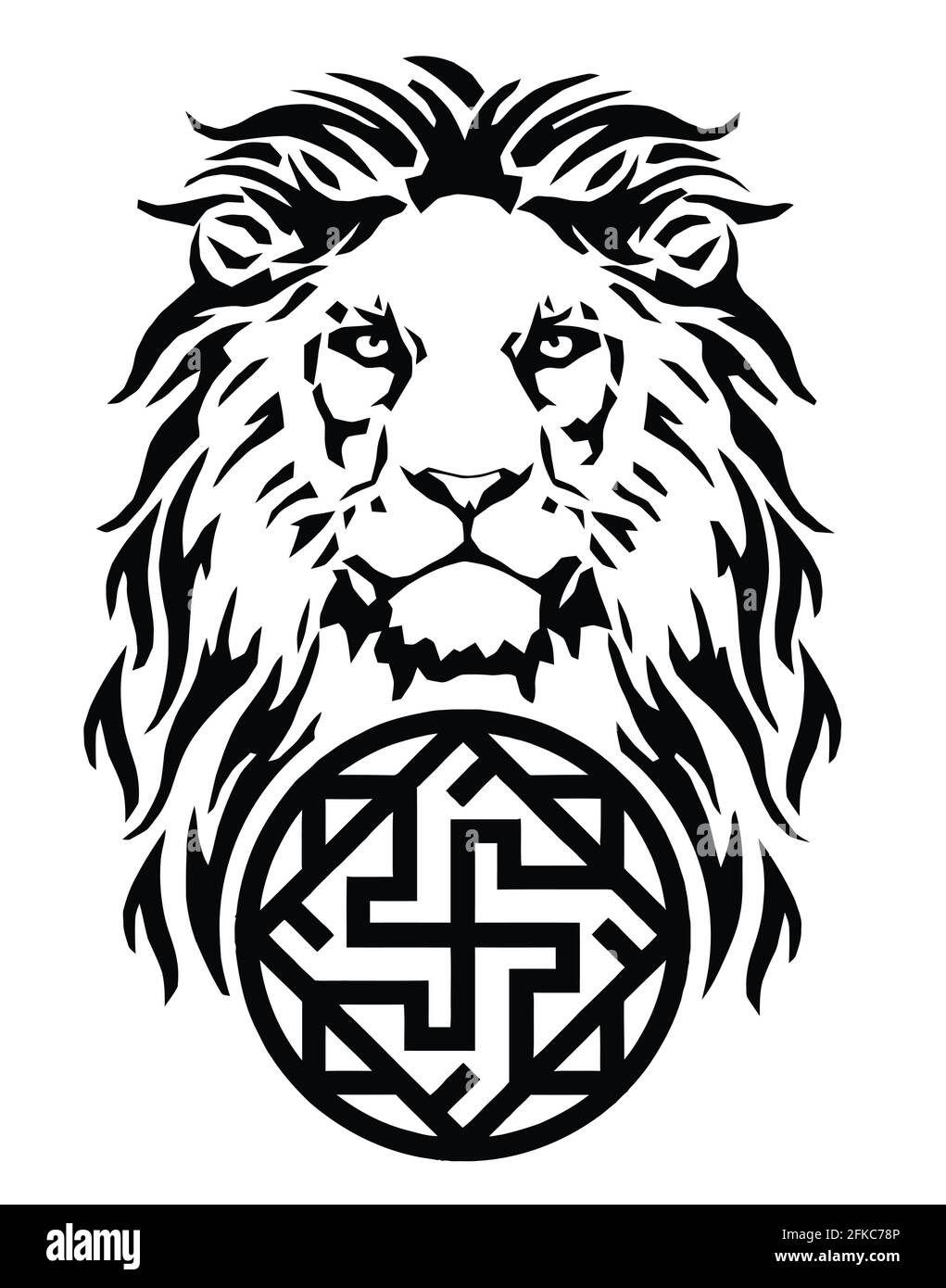 The Lion's head and celtic cross, drawing for tattoo, on a white background, illustration, black and white, vector Stock Vector