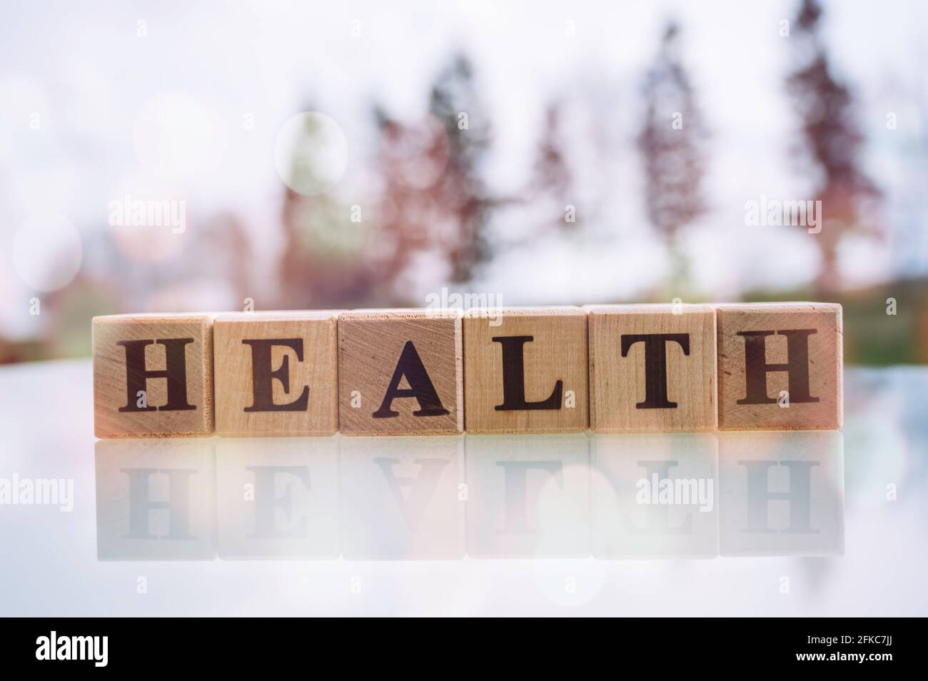 Word HEALTH on wood cubes with mirror reflection Stock Photo