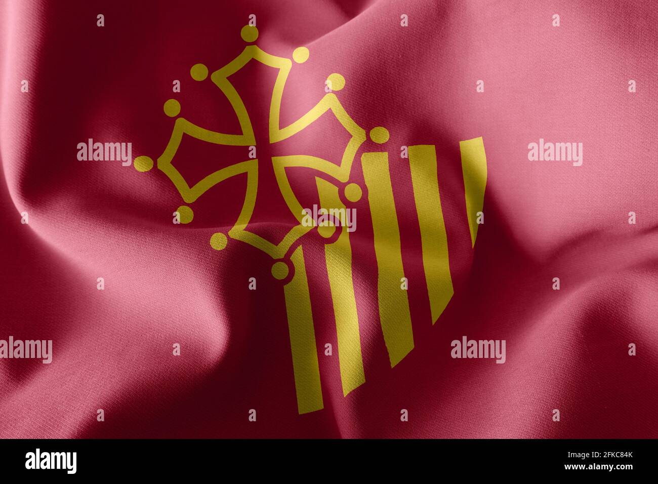 3D illustration flag of Occitanie is a region of France. Waving on the ...