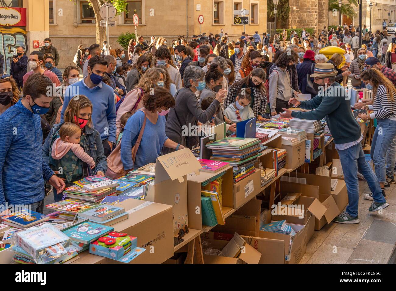 Palma de Mallorca; april 23 2021: Festivity of Sant Jordi or Book Day in the historic center of Palma de Mallorca in times of the Coronavirus pandemic Stock Photo